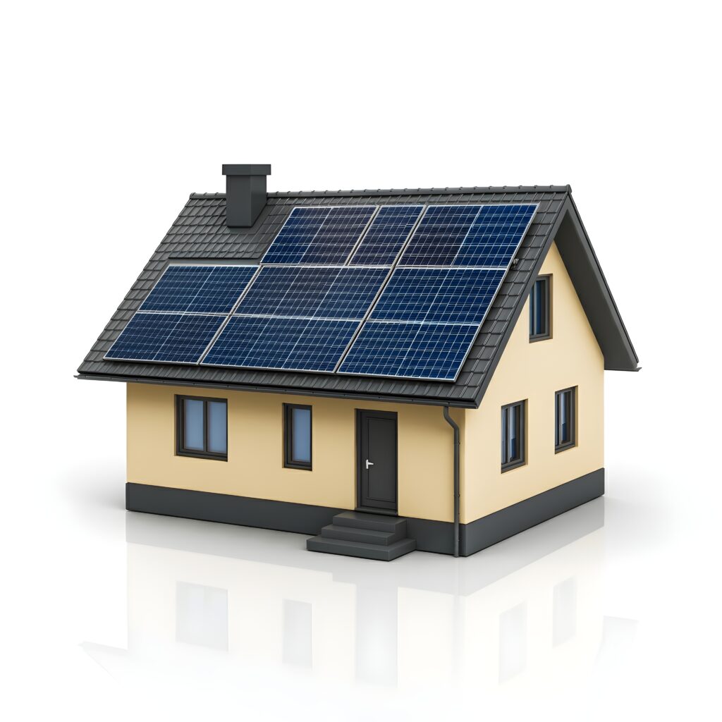 Maison individuelle équipée de panneaux solaires sur le toit, illustrant une installation photovoltaïque résidentielle